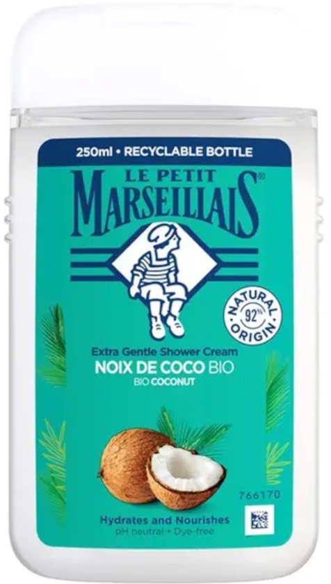 Le Petit Marseillais Crème de Douche Extra Douce Noix de Coco BIO, hydrate et nourrit la peau, 250 ml