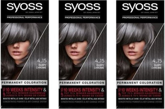 Syoss - 4-15 - Haarverf - Permanente Haarkleuring - Dusty Chrome - Grijsdekking - Voordeelverpakking - 3 stucks