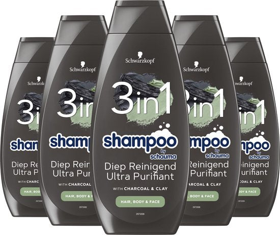 Schwarzkopf Shampoo Men 3in1 Charcoal - Haarverzorging - Verfrist en Zuivert - Voor Mannen - Haar, Lichaam en Gezicht- Voordeelverpakking - 5x 400ml