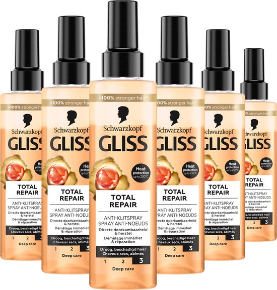 Gliss Total Repair Anti-Klit Spray - Haarverzorging - Leave-in-Conditioner - Vermindert Haarbreuk - Hittebescherming - Voordeelverpakking - 6x 200ml