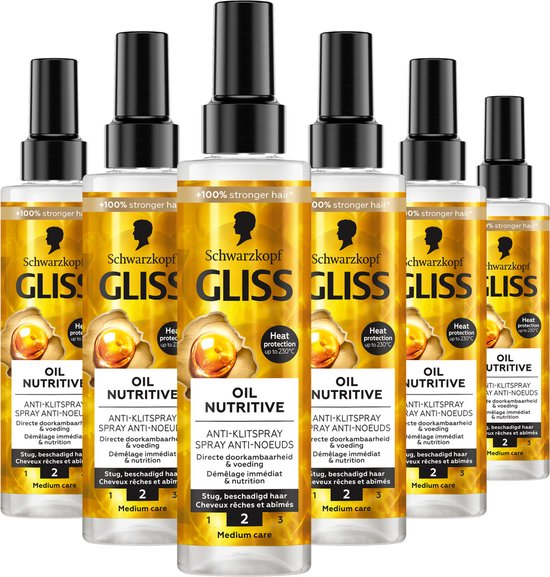 Gliss Oil Nutritive Hairspray - Anti-Klit Spray - Leave-in-Conditioner – Stralende Glans – Hittebescherming - Voordeelverpakking - 6 x 200 ml
