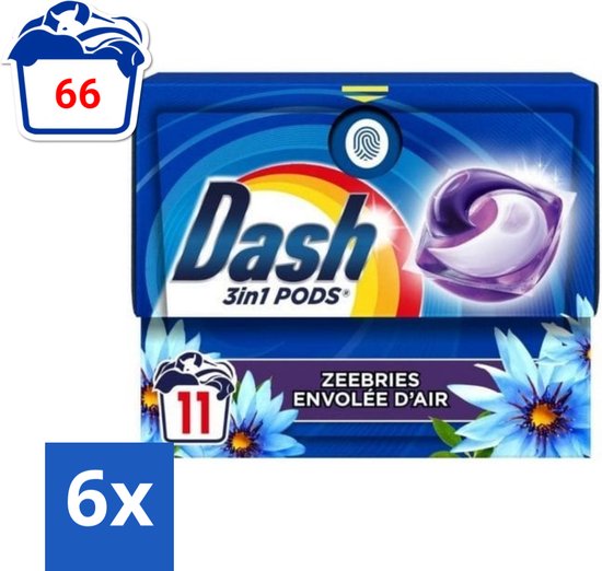 Dash - Wasmiddel Capsules - 3-in-1 Pods - Witte en Gekleurde Was - Zeebries - 11 Wasbeurten - Voordeelverpakking - 6 stuks