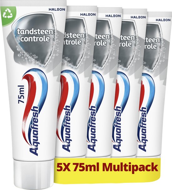 Aquafresh Tandsteen Controle Tandpasta voor gezonde tanden voordeelverpakking 5x75ml, recyclebare plastic tube en dop