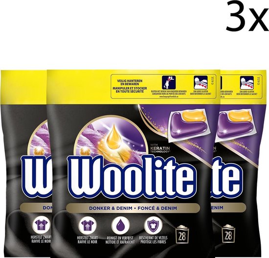 Woolite Zwart, Donker & Denim Wasmiddel met Keratine - 28 Capsules x3