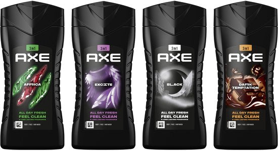 AXE 3-in-1 Douchegel - Africa + Black + Dark Temptation + Excite - 4 x 250 ml - Voordeelverpakking