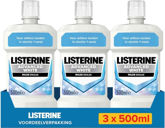 Listerine Advanced White mondwater met milde smaak voor natuurlijk wittere tanden - bestrijdt tandplakbacteriën - voorkomt tandbederf - 3x 500 ml