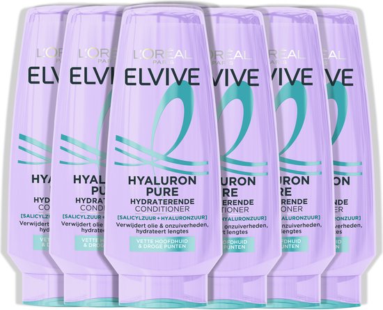 L'Oréal Paris Elvive Hyaluron Pure Conditioner - Voor vette hoofdhuid en droge punten - Met Salicylzuur + Hyaluronzuur - 6x200ML