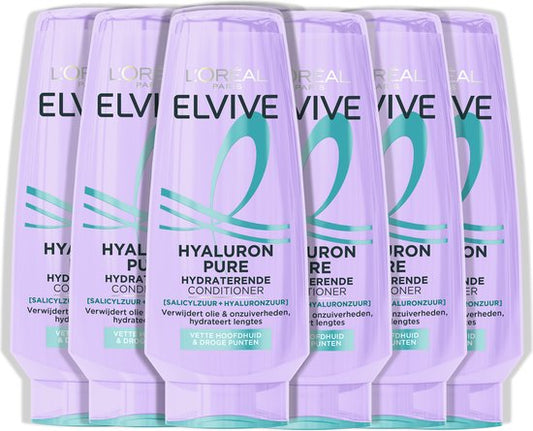 L'Oréal Paris Elvive Hyaluron Pure Conditioner - Voor vette hoofdhuid en droge punten - Met Salicylzuur + Hyaluronzuur - 6x200ML