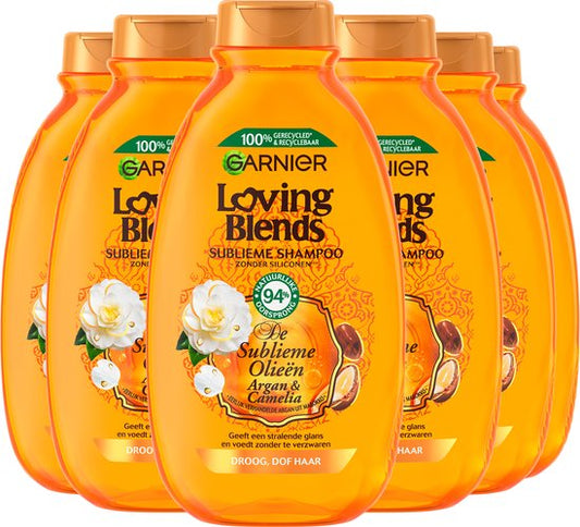 Garnier Loving Blends Argan & Cameliaolie Voedende, Glansgevende Shampoo Voordeelverpakking - Droog en Dof Haar - 6 x 300ml