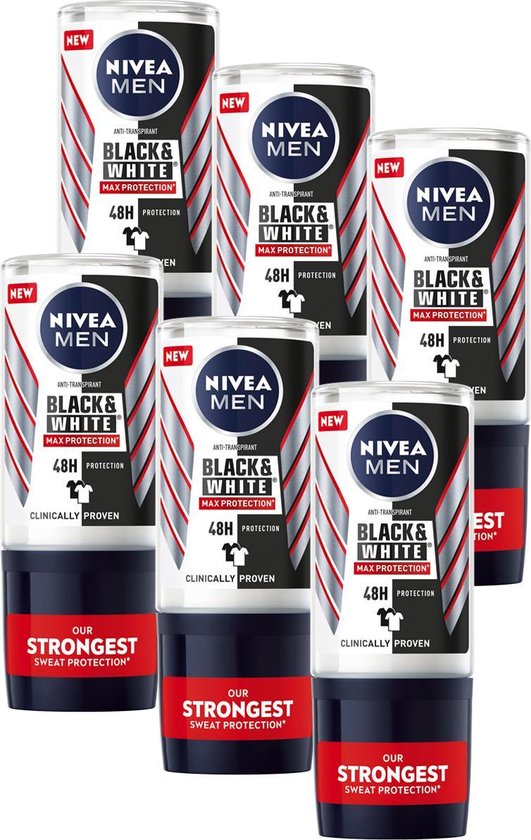 NIVEA MEN Black & White Max Protection Anti-Transpirant Deodorant Roller - 6 x 50ml - Voordeelverpakking