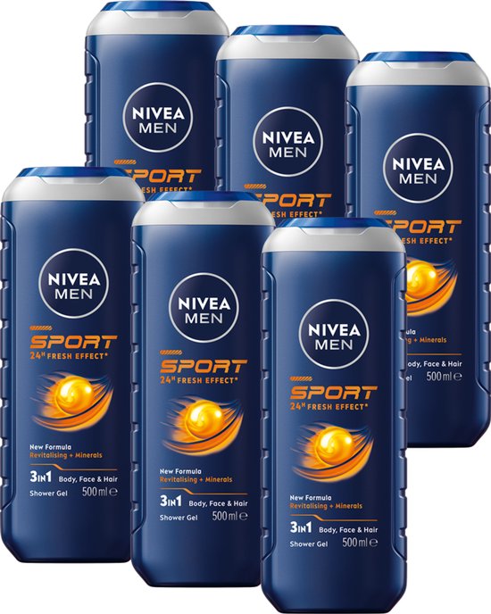 NIVEA MEN Sport Douchegel Mannen - 3-in-1 Shower Gel Met Limoengeur - Shampoo - Voordeelverpakking - 6 x 500 ml