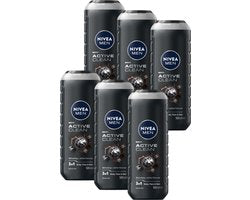 NIVEA MEN Active Clean Douchegel Mannen - 3-in-1 Shower Gel Met natuurlijk actief houtskool - Shampoo - Voordeelverpakking - 6 x 500 ml