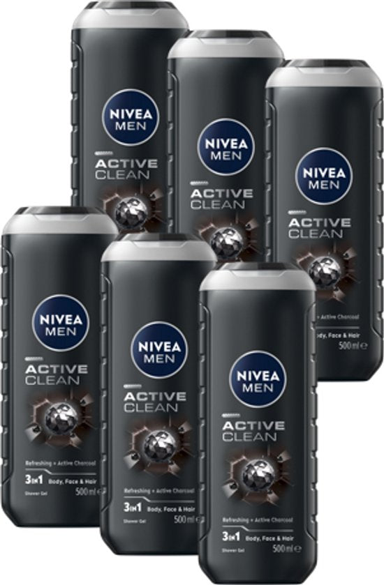 NIVEA MEN Active Clean Douchegel Mannen - 3-in-1 Shower Gel Met natuurlijk actief houtskool - Shampoo - Voordeelverpakking - 6 x 500 ml