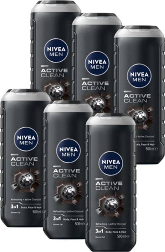 NIVEA MEN Active Clean Douchegel Mannen - 3-in-1 Shower Gel Met natuurlijk actief houtskool - Shampoo - Voordeelverpakking - 6 x 500 ml