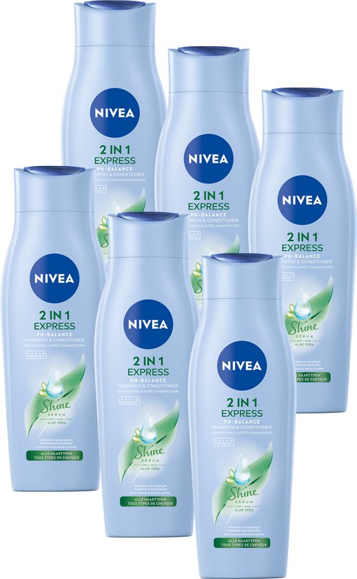 NIVEA 2-in-1 Express Haar Shampoo & Conditioner - Shine serum - Met aloë vera - Haarshampoo - Voordeelverpakking - 6 x 250 ml