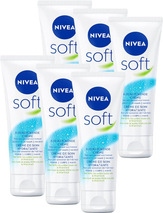 NIVEA Soft Bodycrème - Crème voor Lichaam en Gezicht - Hydraterende Gezichtscrème - Voordeelverpakking - 6 x 75 ml