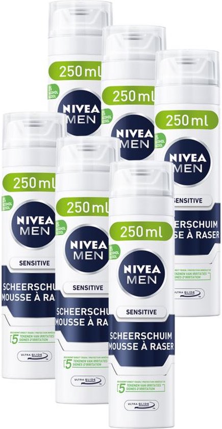 NIVEA MEN Sensitive Scheerschuim - Bevat Kamille en Hydraterende Vitamine E - Shaving Foam Voor de gevoelige huid - Voordeelverpakking 6 x 250 ml