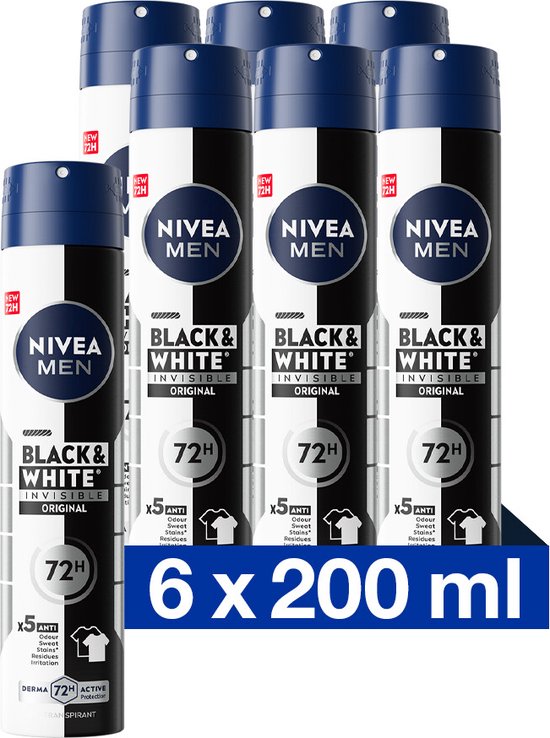 NIVEA MEN Invisible for Black & White Original Anti-Transpirant Spray - Geen witte of gele vlekken - Quickdry - Alcoholvrij - Beschermt 72 uur - 6 x 200 ml