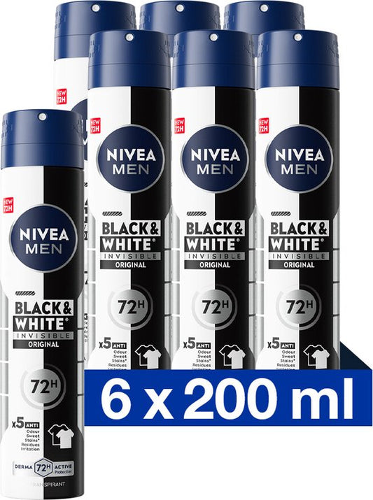 NIVEA MEN Invisible for Black & White Original Anti-Transpirant Spray - Geen witte of gele vlekken - Quickdry - Alcoholvrij - Beschermt 72 uur - 6 x 200 ml