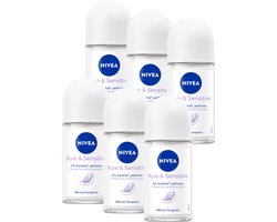 NIVEA Pure & Sensitive Deo Roller - 48u Bescherming Tegen Transpiratie - 0% Parfum Deodorant - Voordeelverpakking - 6 x 50 ml