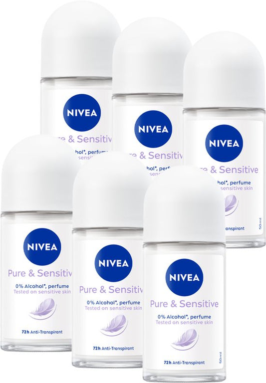 NIVEA Pure & Sensitive Deo Roller - 48u Bescherming Tegen Transpiratie - 0% Parfum Deodorant - Voordeelverpakking - 6 x 50 ml