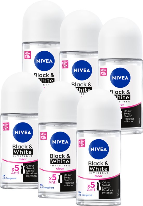 NIVEA Invisible For Black & White Clear Anti-Transpirant Deo Roller - Geen witte of gele strepen - Deodorant Beschermt 72 uur - Voordeelverpakking - 6 x 50 ml