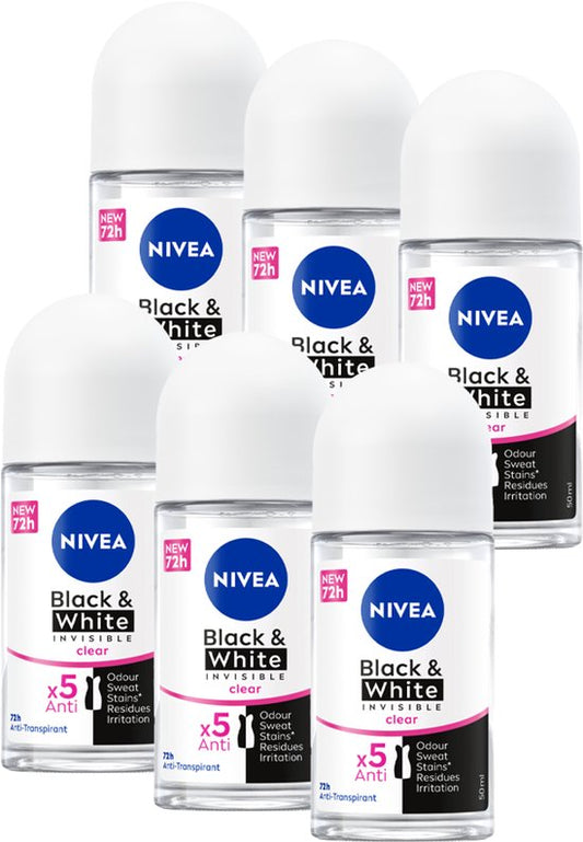 NIVEA Invisible For Black & White Clear Anti-Transpirant Deo Roller - Geen witte of gele strepen - Deodorant Beschermt 72 uur - Voordeelverpakking - 6 x 50 ml