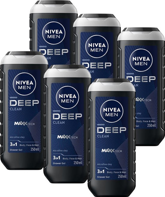 NIVEA MEN DEEP Clean Douchegel Mannen - 3-in-1 Shower Gel - Shampoo - Voordeelverpakking - 6 x 250 ml