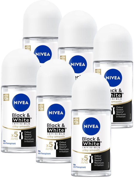 NIVEA Black & White Silky Smooth Anti-Transpirant Deo Roller - Voor na het scheren - Geen witte of gele strepen - 72 uur bescherming - Deodorant - 6 x 50 ml - Voordeelverpakking