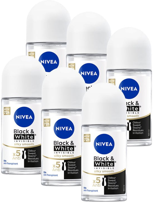 NIVEA Black & White Silky Smooth Anti-Transpirant Deo Roller - Voor na het scheren - Geen witte of gele strepen - 72 uur bescherming - Deodorant - 6 x 50 ml - Voordeelverpakking