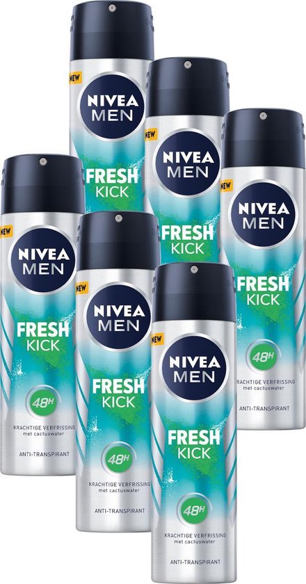NIVEA MEN Fresh Kick Anti-Transpirant Spray - 48u bescherming - Met cactuswater - Alcoholvrij - 6 x 150 ml