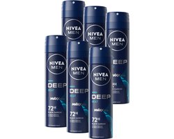 NIVEA MEN Deep Black Carbon Beat Deodorant Spray - 72 uur bescherming – Geur met houttonen - Met zwarte koolstof - Antibacterieel - 6 x 150ml - Voordeelverpakking