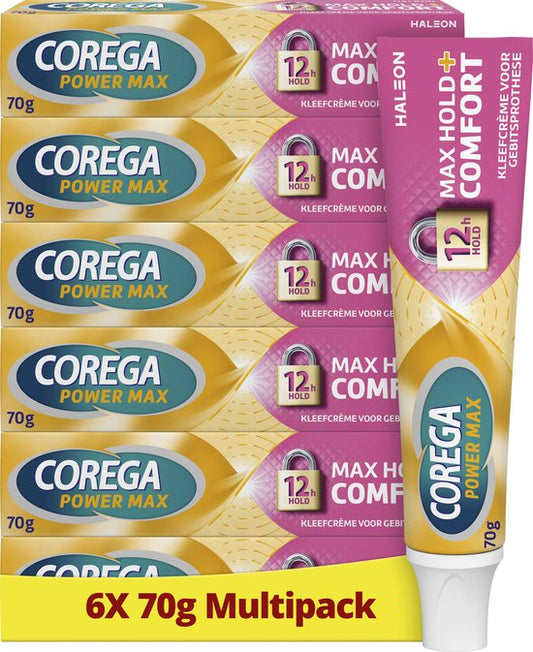 Corega Max Hold + Comfort kleefcrème voor de gebitsprothese voor sterke hechting, 6 x 70 g