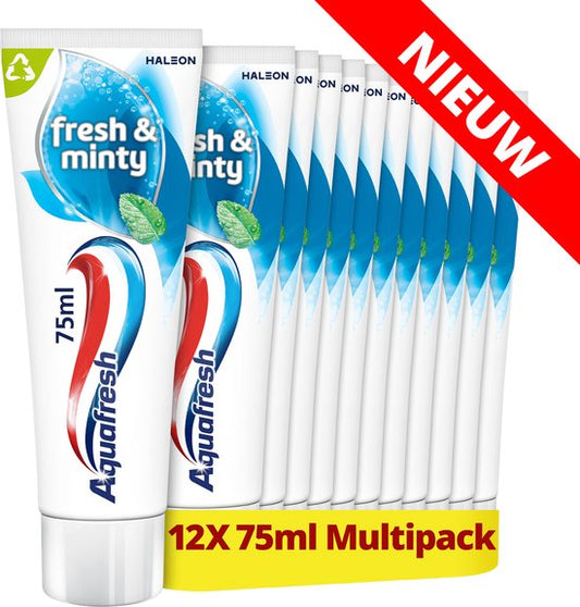 Aquafresh Fresh & Minty – Tandpasta – 3in1 – Voor een frisse adem – Voordeelverpakking – Recyclebare tube en dop – 12 x 75 ml