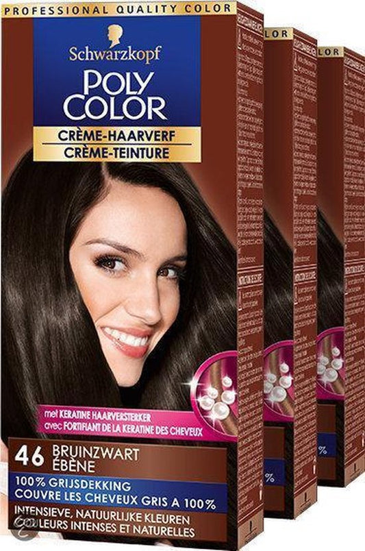 3x Poly Color Crème Permanente Haarverf 46 Bruin Zwart 90 ml