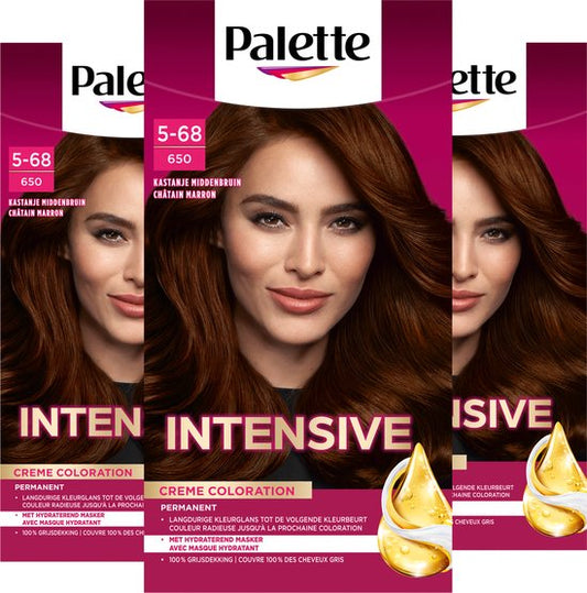 Palette - 650 Kastanje Middenbruin - Haarverf - Intensieve, Natuurlijke Kleuren met 100% Grijsdekking - Voordeelverpakking - 3 stuks