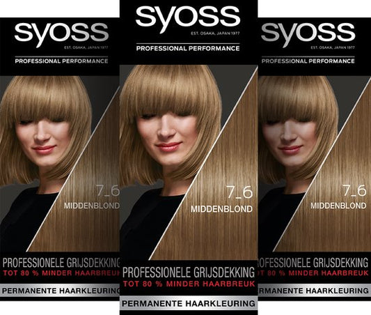 Syoss - 7-6 - Haarverf - Permanente Haarkleuring - Middenblond - Grijsdekking - Voordeelverpakking - 3 stuks