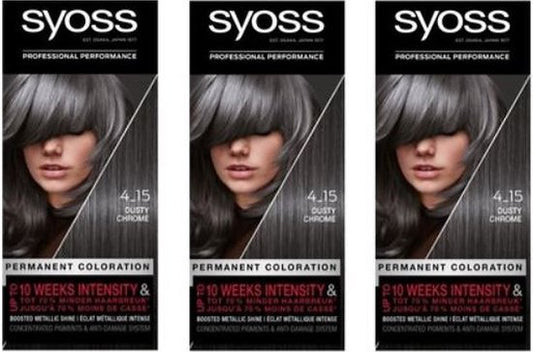 Syoss - 4-15 - Haarverf - Permanente Haarkleuring - Dusty Chrome - Grijsdekking - Voordeelverpakking - 3 stucks