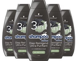 Schwarzkopf Shampoo Men 3in1 Charcoal - Haarverzorging - Verfrist en Zuivert - Voor Mannen - Haar, Lichaam en Gezicht- Voordeelverpakking - 5x 400ml