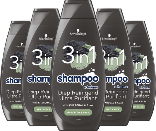 Schwarzkopf Shampoo Men 3in1 Charcoal - Haarverzorging - Verfrist en Zuivert - Voor Mannen - Haar, Lichaam en Gezicht- Voordeelverpakking - 5x 400ml