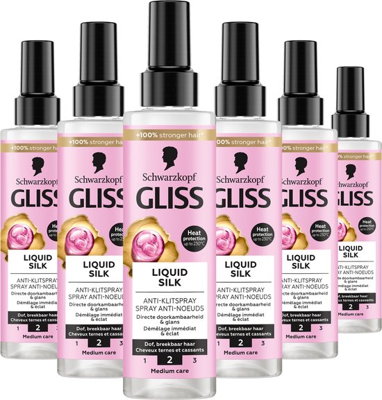 Gliss Liquid Silk - Anti-Klit Spray - Leave-in-Conditioner – Zijdezacht Haar -Hittebescherming - Voordeelverpakking - 6 x 200 ml