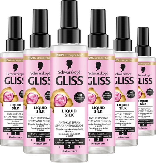 Gliss Liquid Silk - Anti-Klit Spray - Leave-in-Conditioner – Zijdezacht Haar -Hittebescherming - Voordeelverpakking - 6 x 200 ml