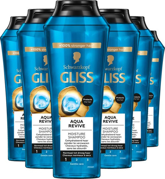Gliss Aqua Revive - Haarverzorging - Shampoo - Glans en Gezond - Hydraterend - 48u Hold - Normal Tot Droog Haar - Voordeelverpakking - 6x 250 ml