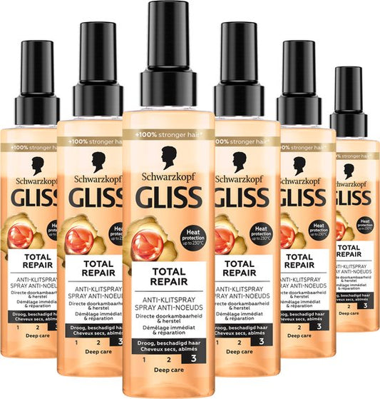 Gliss Total Repair Anti-Klit Spray - Haarverzorging - Leave-in-Conditioner - Vermindert Haarbreuk - Hittebescherming - Voordeelverpakking - 6x 200ml