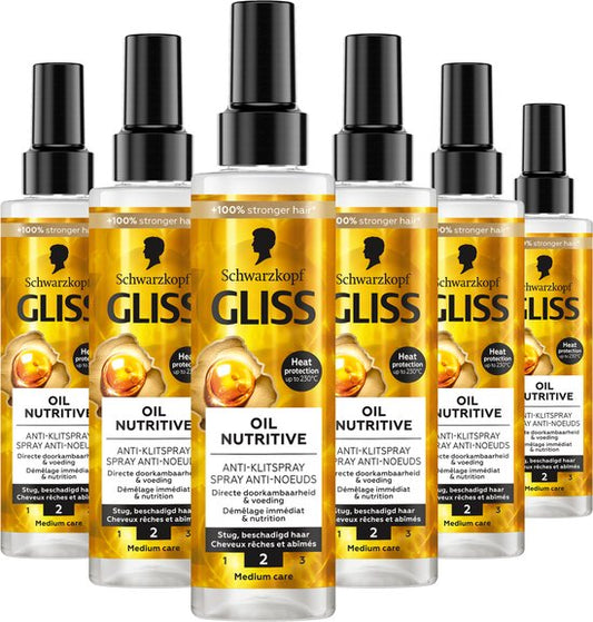 Gliss Oil Nutritive Hairspray - Anti-Klit Spray - Leave-in-Conditioner – Stralende Glans – Hittebescherming - Voordeelverpakking - 6 x 200 ml