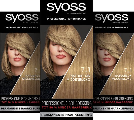 Syoss - 7-1 - Haarverf - Permanente Haarkleuring - Natuurlijk Middenblond - Grijsdekking - Voordeelverpakking - 3 stucks