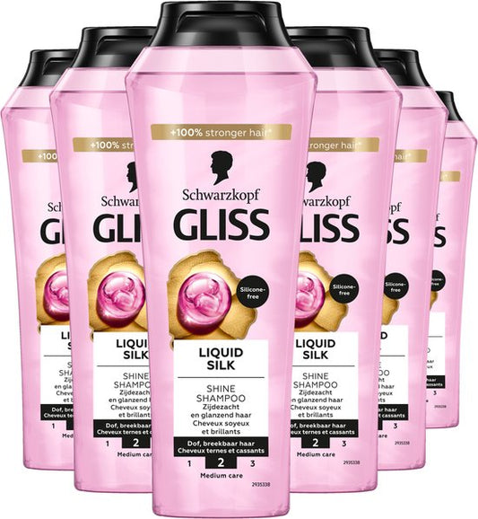 Gliss Liquid Silk - Haarverzorging - Shampoo - Zijdezacht - Glans - Soepelheid - Broos & Dof Haar - Voordeelverpakking - 6x250ml