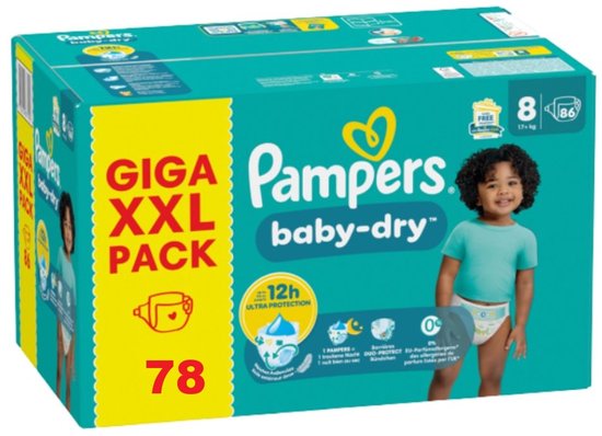 Pampers Baby-Dry Maat 8 – 78 Luiers – XXL Pack – 12 uur bescherming – 17+ kg
