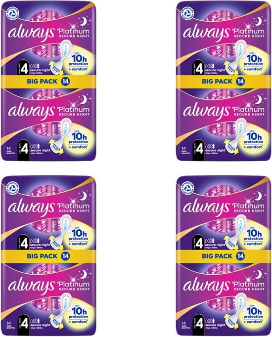 Always Platinum Secure night - Maat 4 - Voordeelverpakking 4 x 14 stuks - Maandverband Met Vleugels