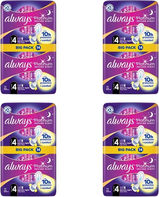 Always Platinum Secure night - Maat 4 - Voordeelverpakking 4 x 14 stuks - Maandverband Met Vleugels